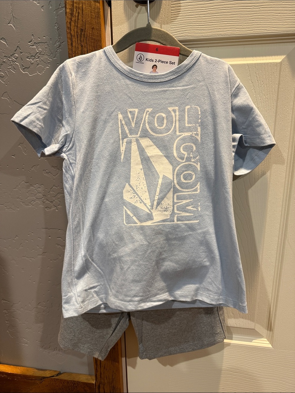 Volcom Light Blue Graphic Logo Tee and Grey Shorts for Kids